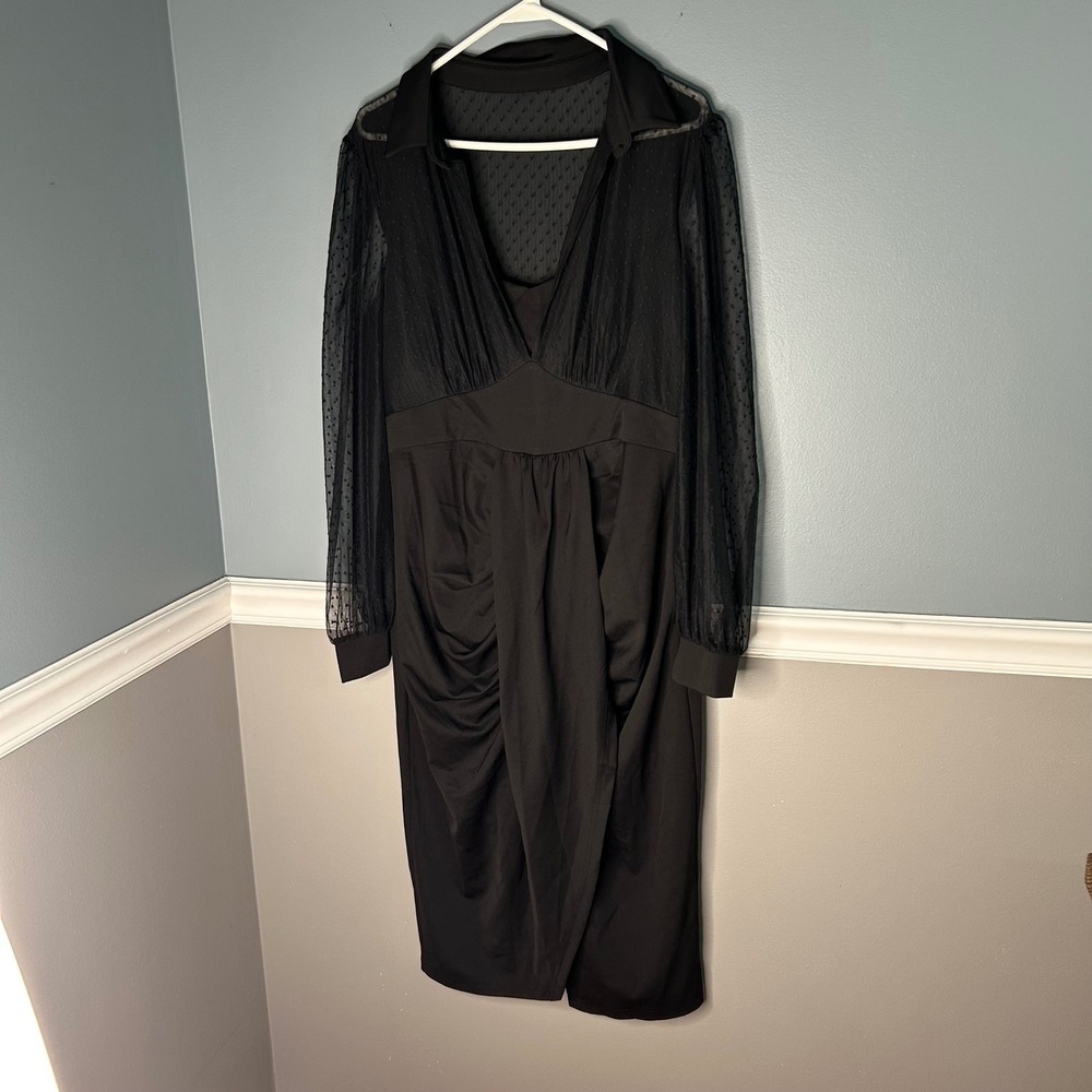 Belle Poque Black Swiss Dot Mesh Sleeve Draped Tulip Midi Dress XL NWT